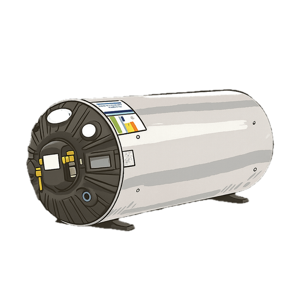 An electric hot water cylinder on its mounting feet, showing the element cover plate and thermostat access