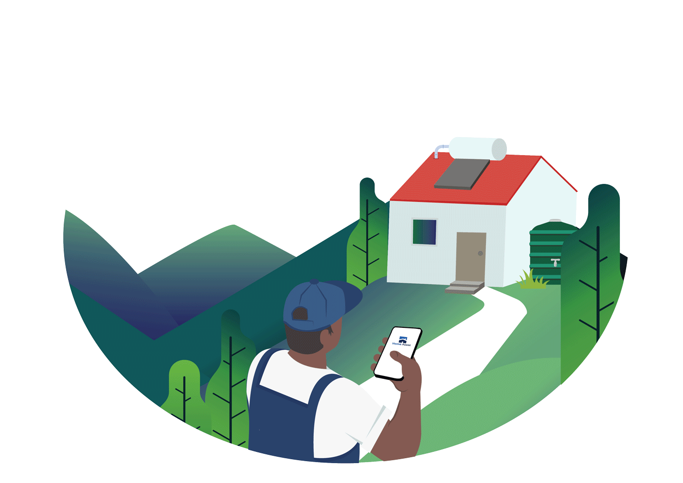 A Home Assist technician logging a job on the app outside a home