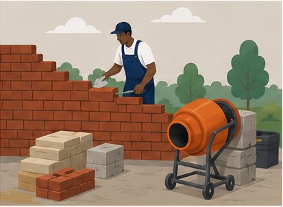 A Home Assist bricklayer building a wall beside a cement mixer and stacks of brick and block