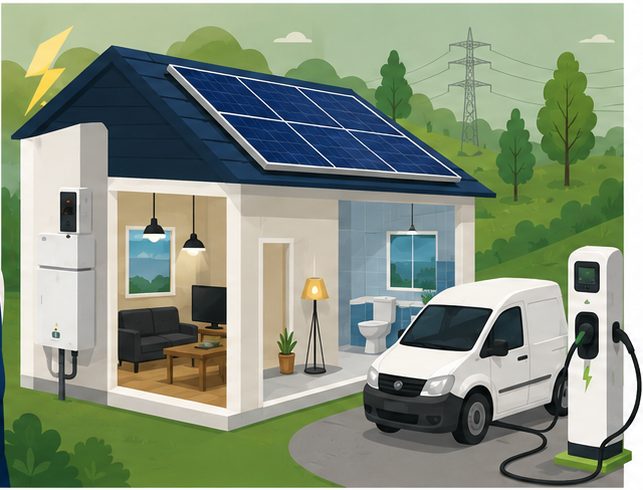 A house with rooftop solar, an inverter and battery, and a Home Assist van at an electric vehicle charging point